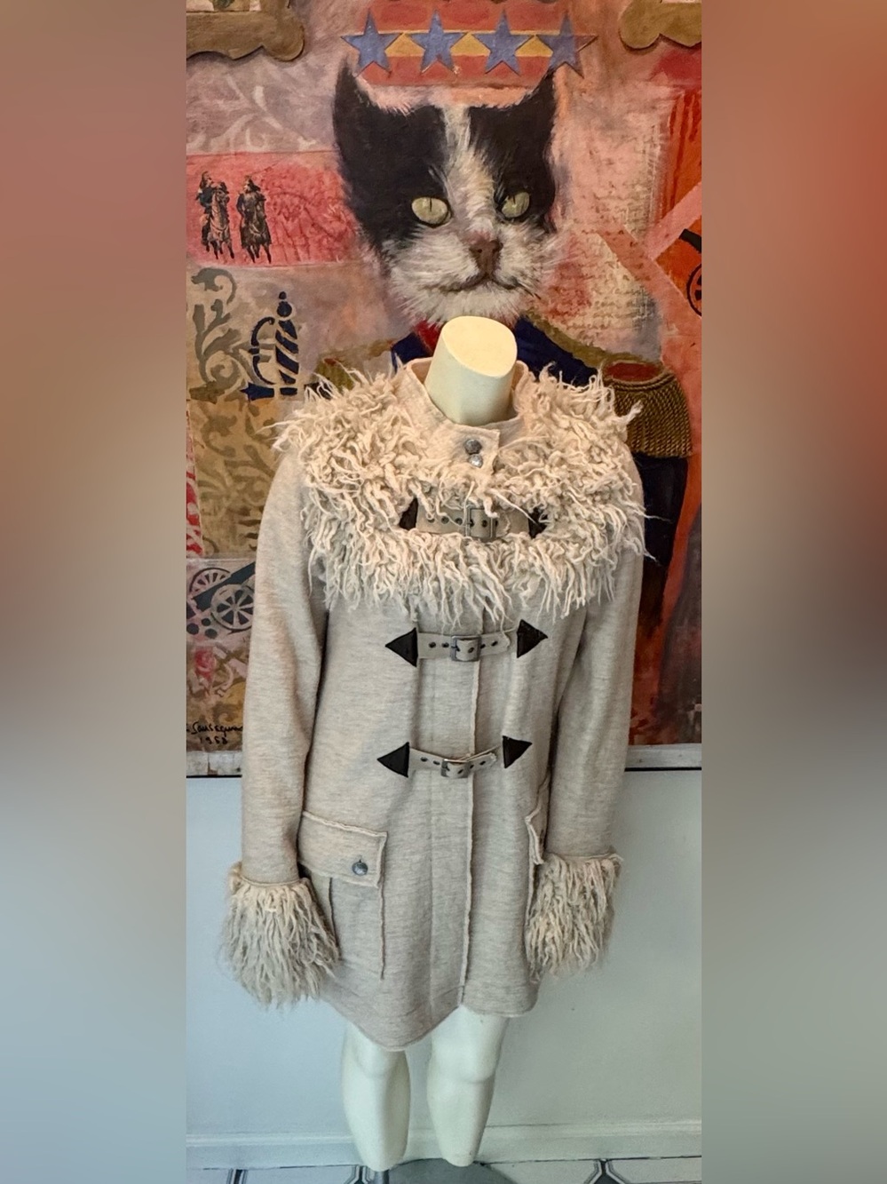 Free people Y2K HTF RARE shaggy faux fur all Wool 3 buckle  3/4 jacket sz S VGC
